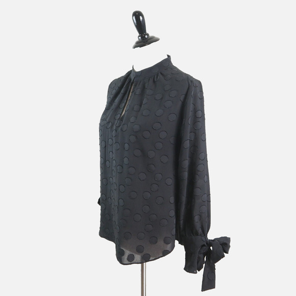 Ann Taylor Size Petite M Keyhole Neck Blouse Tie Black Polka Dot - Picture 1 of 11
